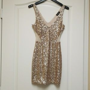 Bebe Sparkle Shine Sequin Cutout Dress in Matte Rose Gold